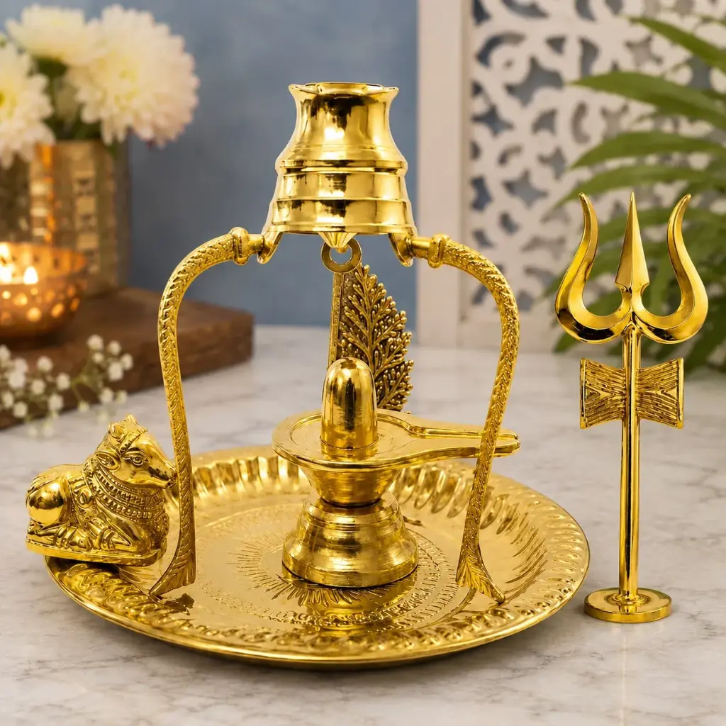 Premium Golden Brass Shivling Nandi Trishul Set | Lord Shiva Puja Samagri with Abhishek Stand and Decorative Plate for Spiritual Worship