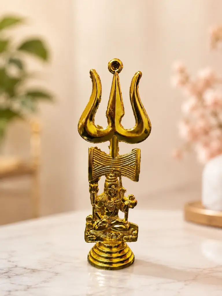 Lord Mahadev Shiva Trishul Damru Golden Idol Statue Decorative Showpiece for Home Temple Mandir Pooja Office Workspace Business Shop Spiritual Worship Religious Gift