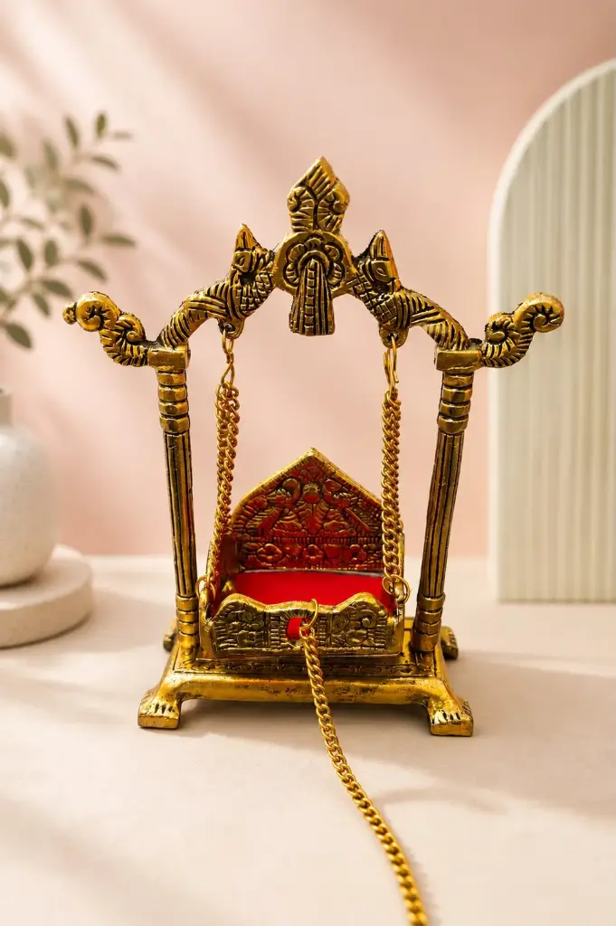 Premium Golden Metal Krishna Jhula for Laddu Gopal Idol Bal Gopal Swing Cradle Jhoola Singhasan Throne Pooja Room Mandir Decoration