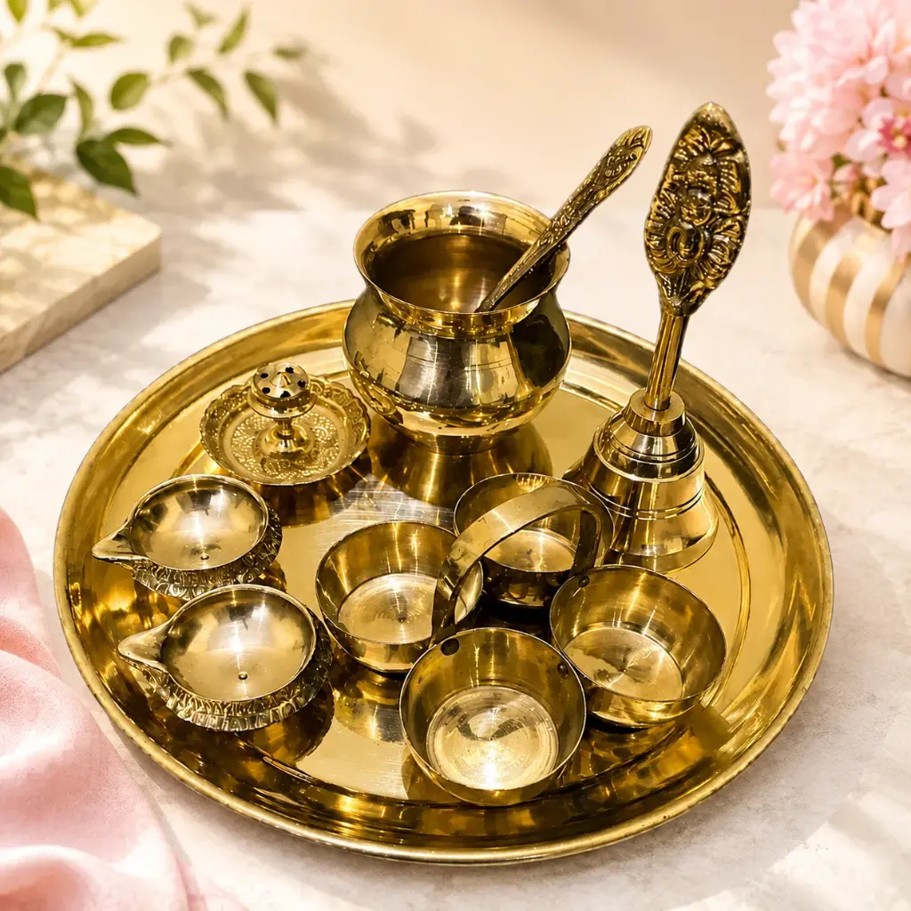Brass Finish Aarti Pooja Thali Set with Kalash Diya Roli Kumkum Spoon Bell Decorative Worship Plate for Hindu Temple Mandir Home Religious Ceremony Festival Pooja Decoration Spiritual Gift