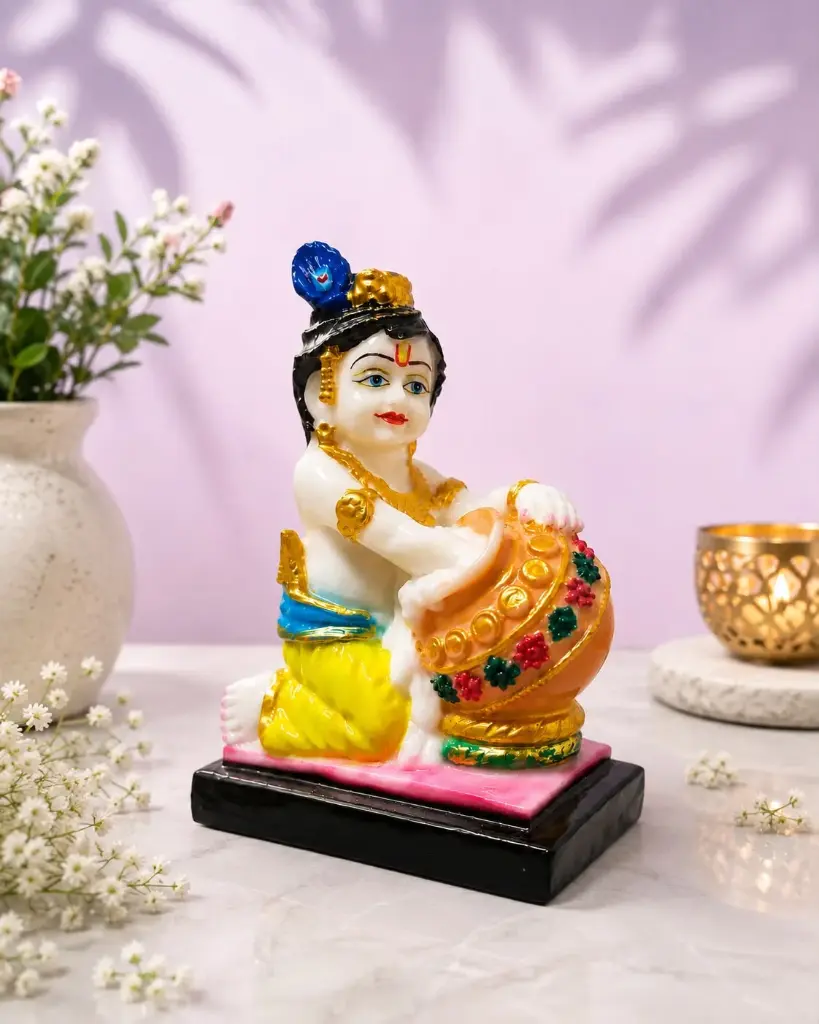 Bal Gopal Laddu Gopal Ji Idol with Matki Decorative Krishna Murti for Home Mandir Pooja Room Temple Decoration Janmashtami Celebration Hindu Religious Idol Spiritual Home Decor Daily Pooja Worship Gift