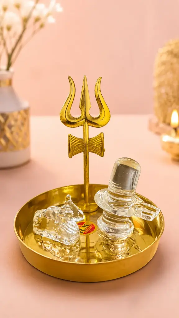 Decorative Glass Shivling Nandi Murti Set with Golden Shiva Trishul and Pooja Thali for Mahadev Worship Home Temple Mandir Spiritual Decor Religious Gift