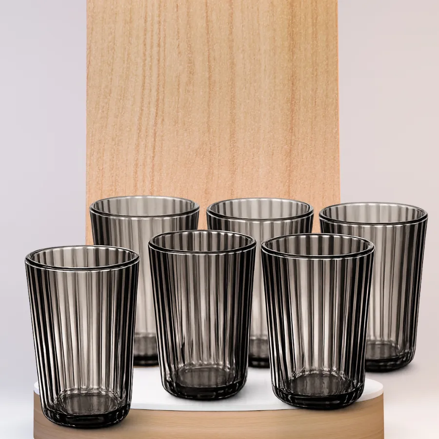Set of 6 Stylish Grey Drinking Glasses, Ribbed Textured Glass Tumblers for Water Juice Milk Cold Drinks Mocktails and Beverages, Modern Glassware Set for Home Kitchen Dining Table Office Restaurant and Guests