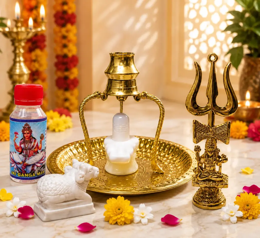 Shivling Abhishek Set with Brass Jal Dhara, Trishul Stand, Nandi Idol & Gangajal for Pooja