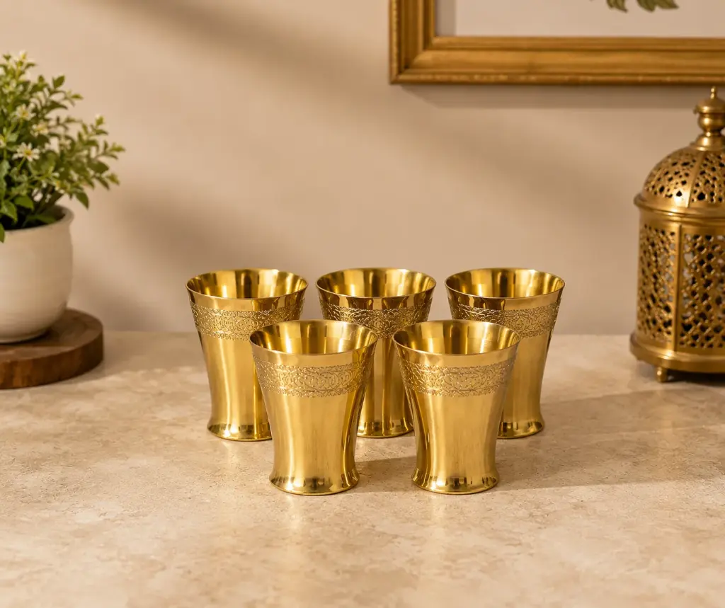 Elegant Brass Pooja Glass Set of 5 | Small Jal Glass for Pooja | Brass Temple Water Glass | Traditional Hindu Worship Accessories | Puja Items